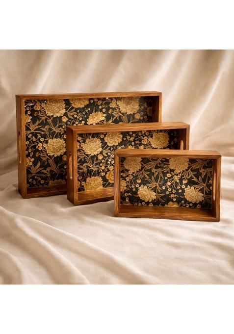 Amimashop Black Serving Tray Set 3 Waterproof Wooden Trays Rectangular Big Tray Serving Set of 3