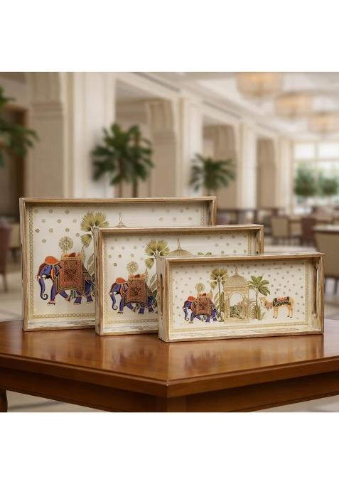 Amimashop Wooden Serving Tray with Handles Rectangular Decorative Serving Trays Set of 3