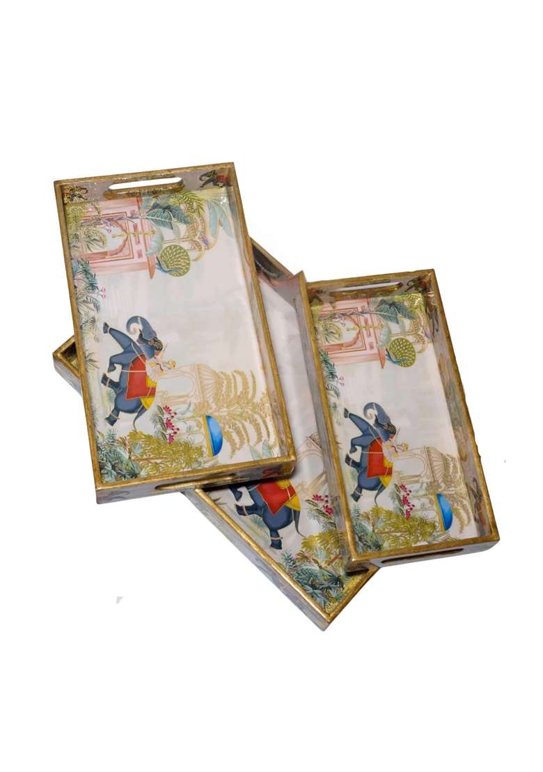 Dreams N Decor Wooden Serving Tray with Gold Engraving Size 16 X 10 Inch 14 X 8 Inch and 12 X 6 Inch Set of 3 - Indya