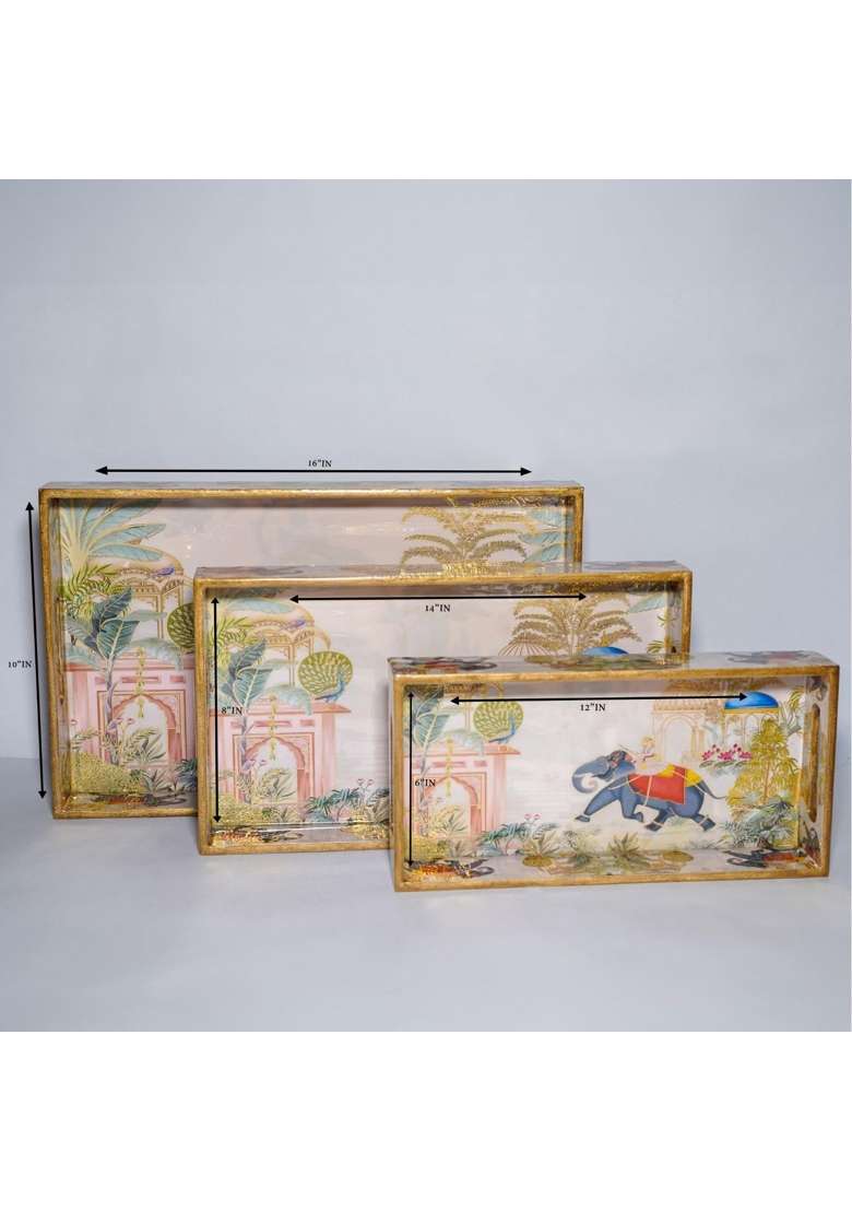 Dreams N Decor Wooden Serving Tray with Gold Engraving Size 16 X 10 Inch 14 X 8 Inch and 12 X 6 Inch Set of 3 - Indya