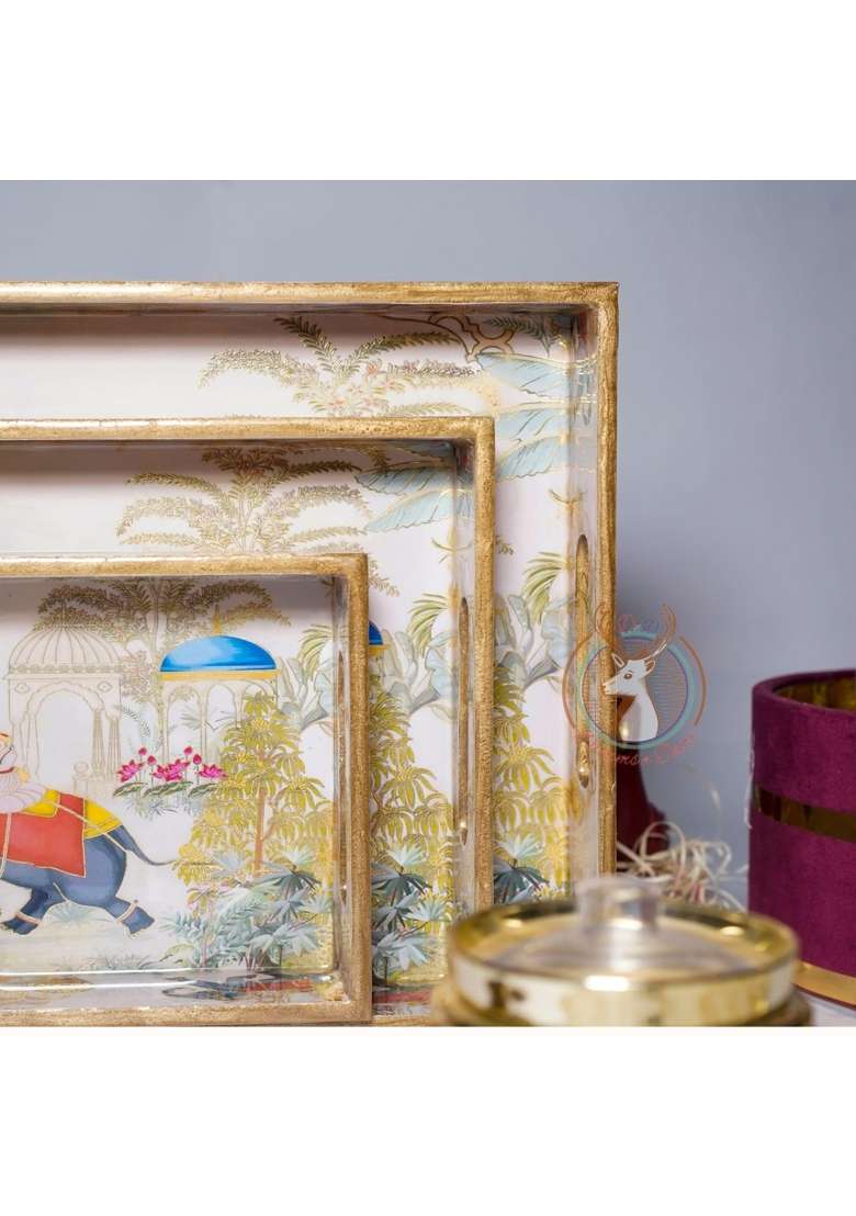 Dreams N Decor Wooden Serving Tray with Gold Engraving Size 16 X 10 Inch 14 X 8 Inch and 12 X 6 Inch Set of 3 - Indya