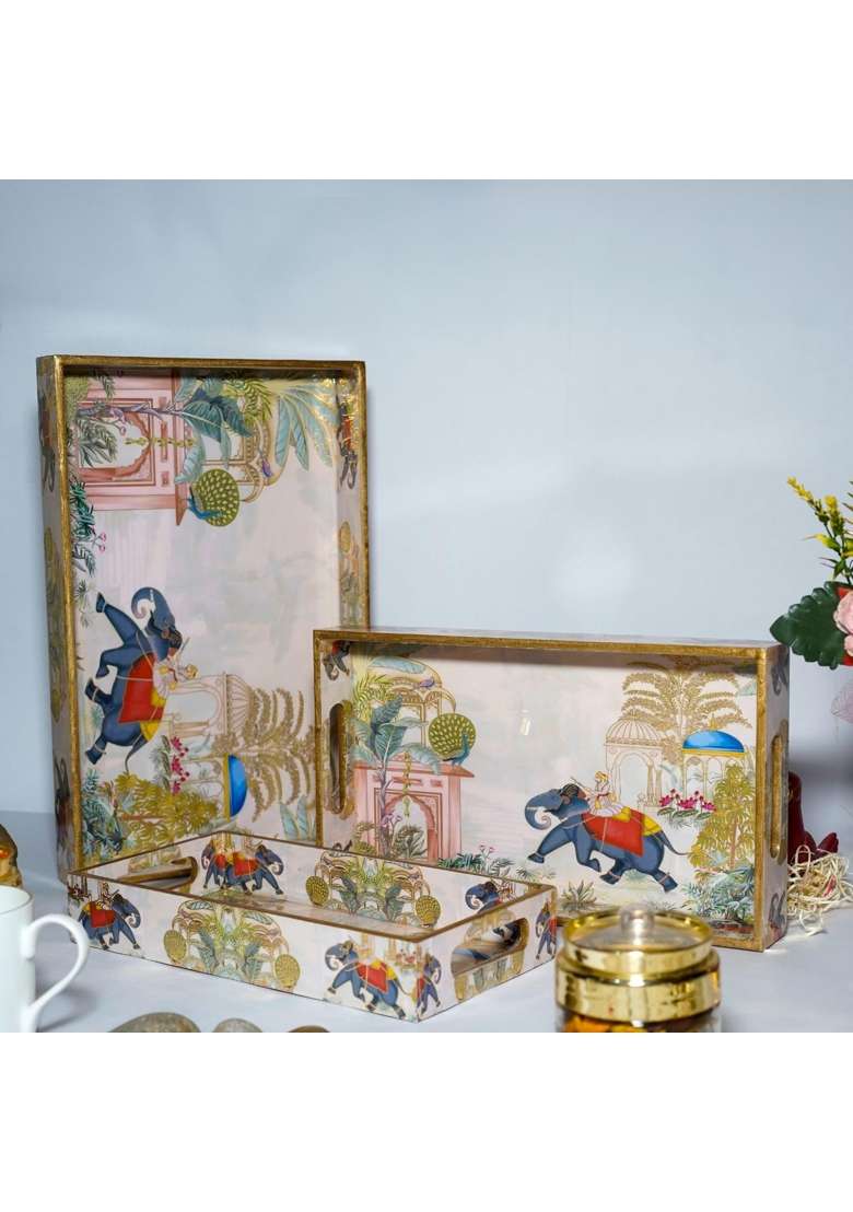 Dreams N Decor Wooden Serving Tray with Gold Engraving Size 16 X 10 Inch 14 X 8 Inch and 12 X 6 Inch Set of 3 - Indya
