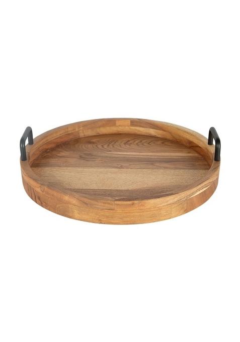IAAH Daven Round Wooden Tray Mild Steel and Acacia Wood Enamel Coated