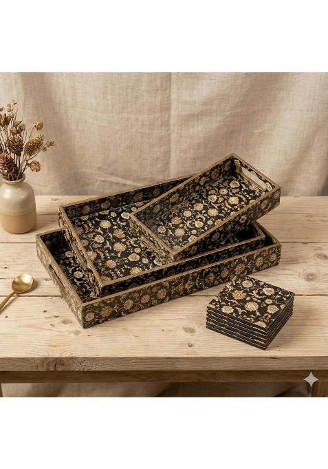 Amimashop Wooden Serving Trays with 6 Coasters Kitchen and Dining Table Decor Set of 3