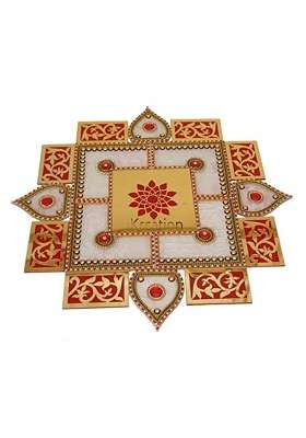 Ikreation Acrylic Square Shape Rangoli 17 Pcs Red White and Gold 40 and Half CM X 40 and Half CM