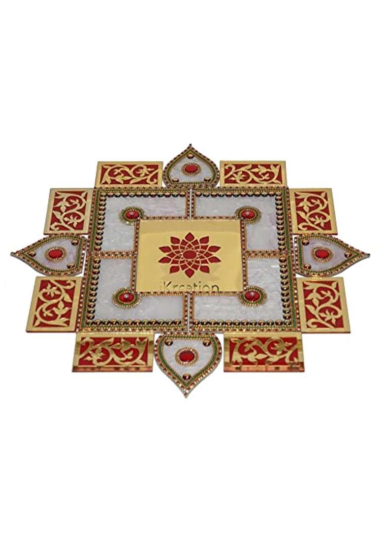 Ikreation Acrylic Square Shape Rangoli 17 Pcs Red White and Gold 40 and Half CM X 40 and Half CM - Indya