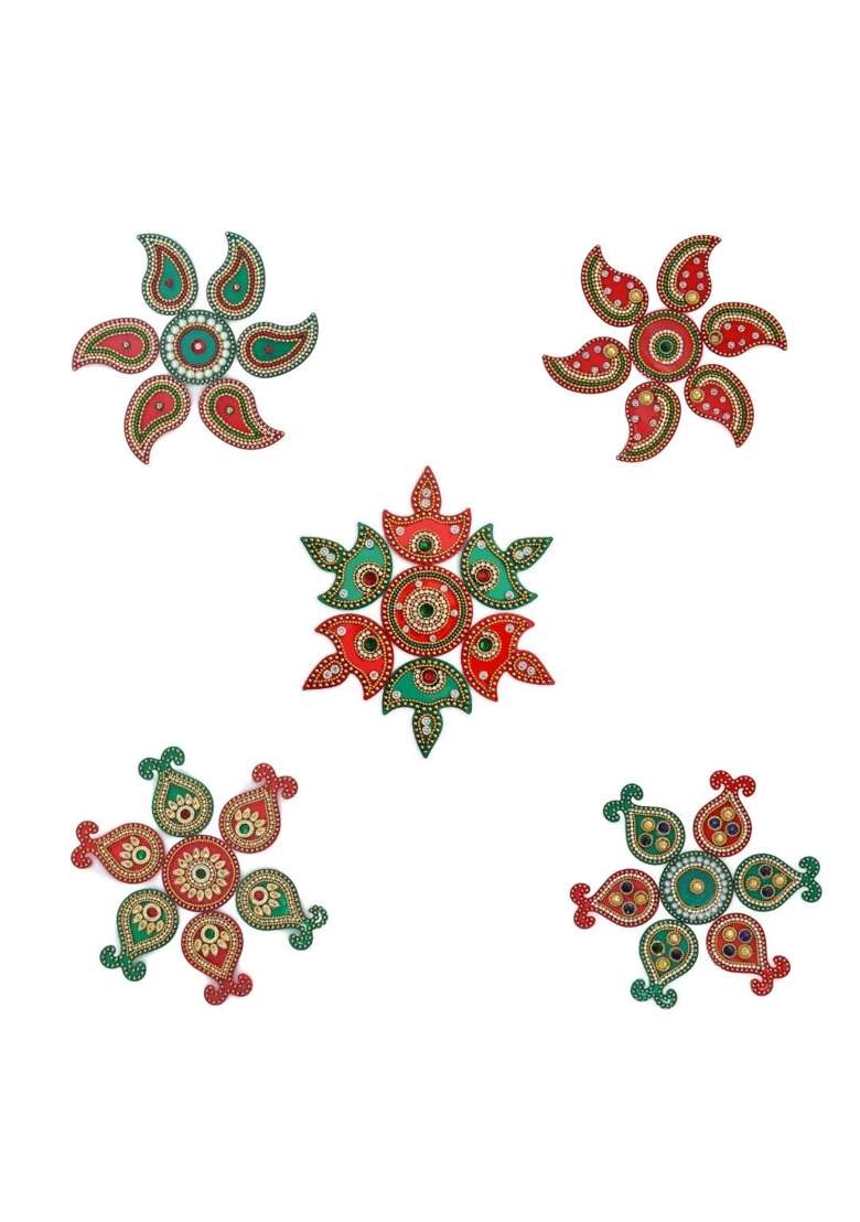 Aargkraft Gifting Glam Acrylic Rangoli Pieces Multicolor Stone Work Decorative Diwali Decor Set of 7 - Indya