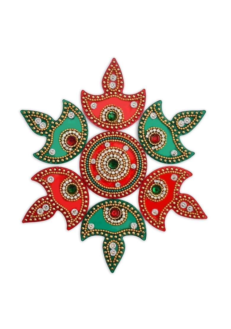 Aargkraft Gifting Glam Acrylic Rangoli Pieces Multicolor Stone Work Decorative Diwali Decor Set of 7 - Indya