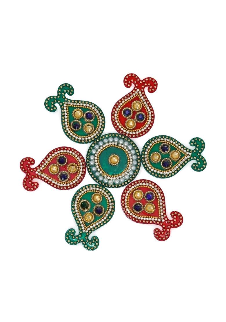 Aargkraft Gifting Glam Acrylic Rangoli Pieces Multicolor Stone Work Decorative Diwali Decor Set of 7 - Indya
