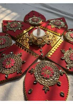 Handcrafted Red Kundan Rangoli Decoration Reusable Mess Free Acrylic Floor and Table Decor for Diwali