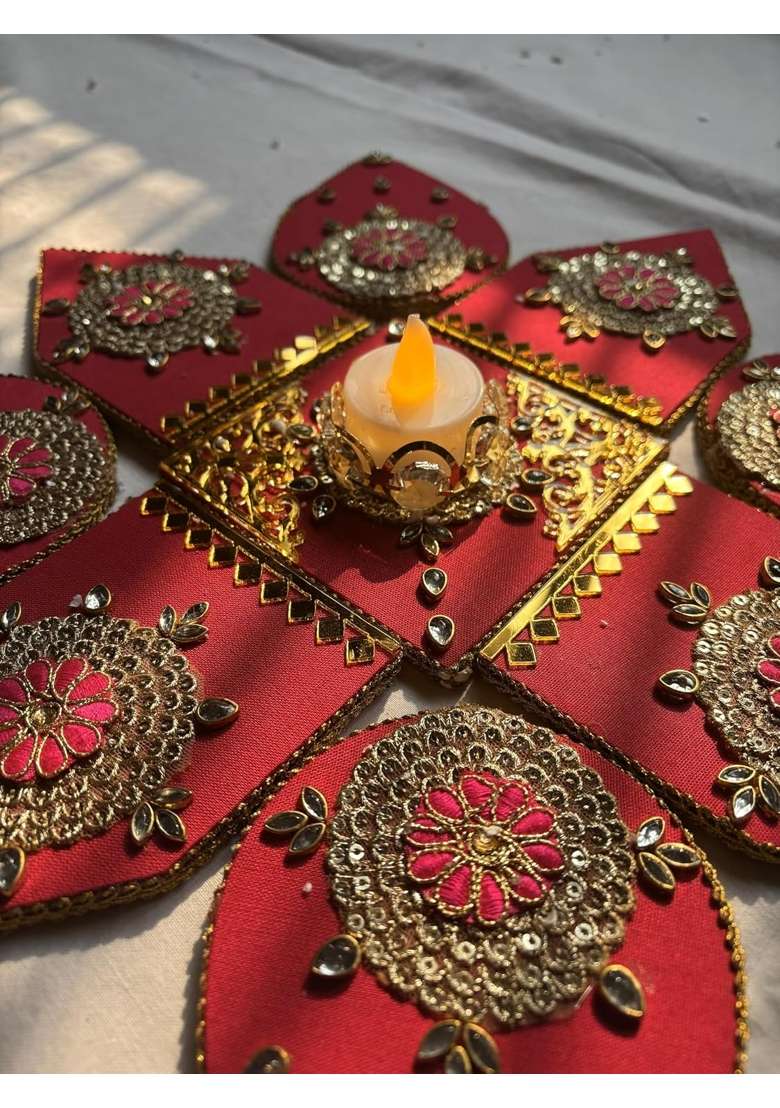 Handcrafted Red Kundan Rangoli Decoration Reusable Mess Free Acrylic Floor and Table Decor for Diwali - Indya