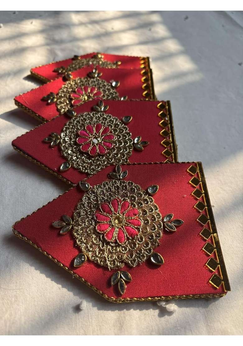 Handcrafted Red Kundan Rangoli Decoration Reusable Mess Free Acrylic Floor and Table Decor for Diwali - Indya