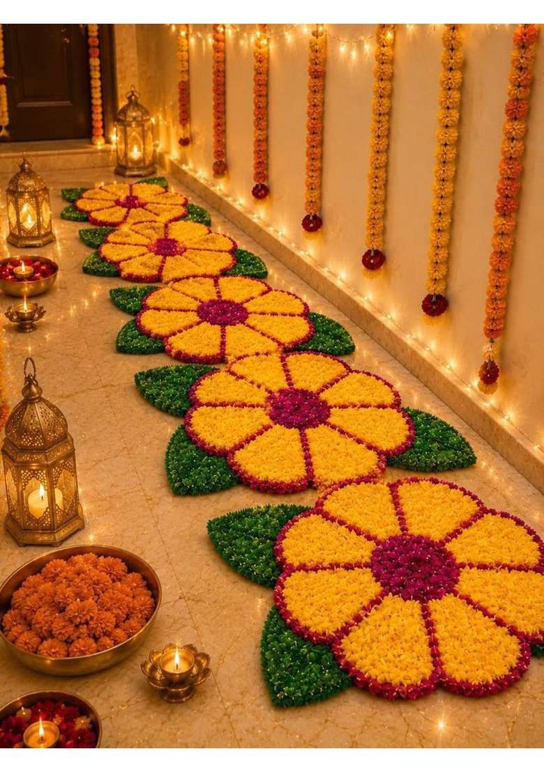 Gurukrupa Artificial Flower Rangoli Mat for Diwali Decoration Pack of 6 - Indya