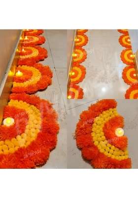 Divyakosh Decorative LED Floor Rangoli Set Orange and Yellow Design 6 Pieces with Led Tea Lights