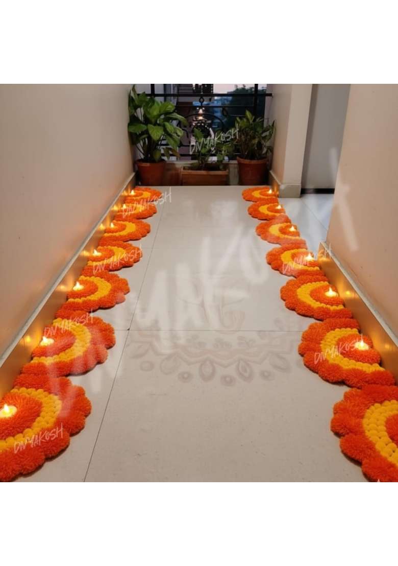 Divyakosh Decorative LED Floor Rangoli Set Orange and Yellow Design 6 Pieces with Led Tea Lights - Indya