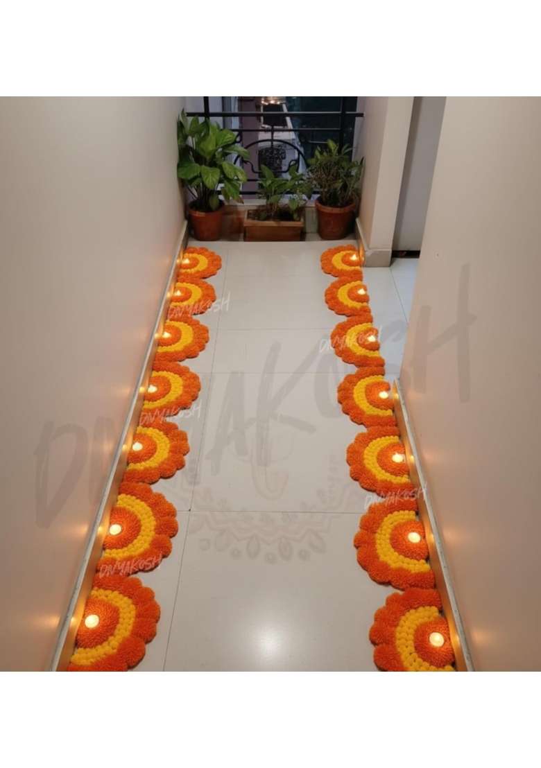 Divyakosh Decorative LED Floor Rangoli Set Orange and Yellow Design 6 Pieces with Led Tea Lights - Indya