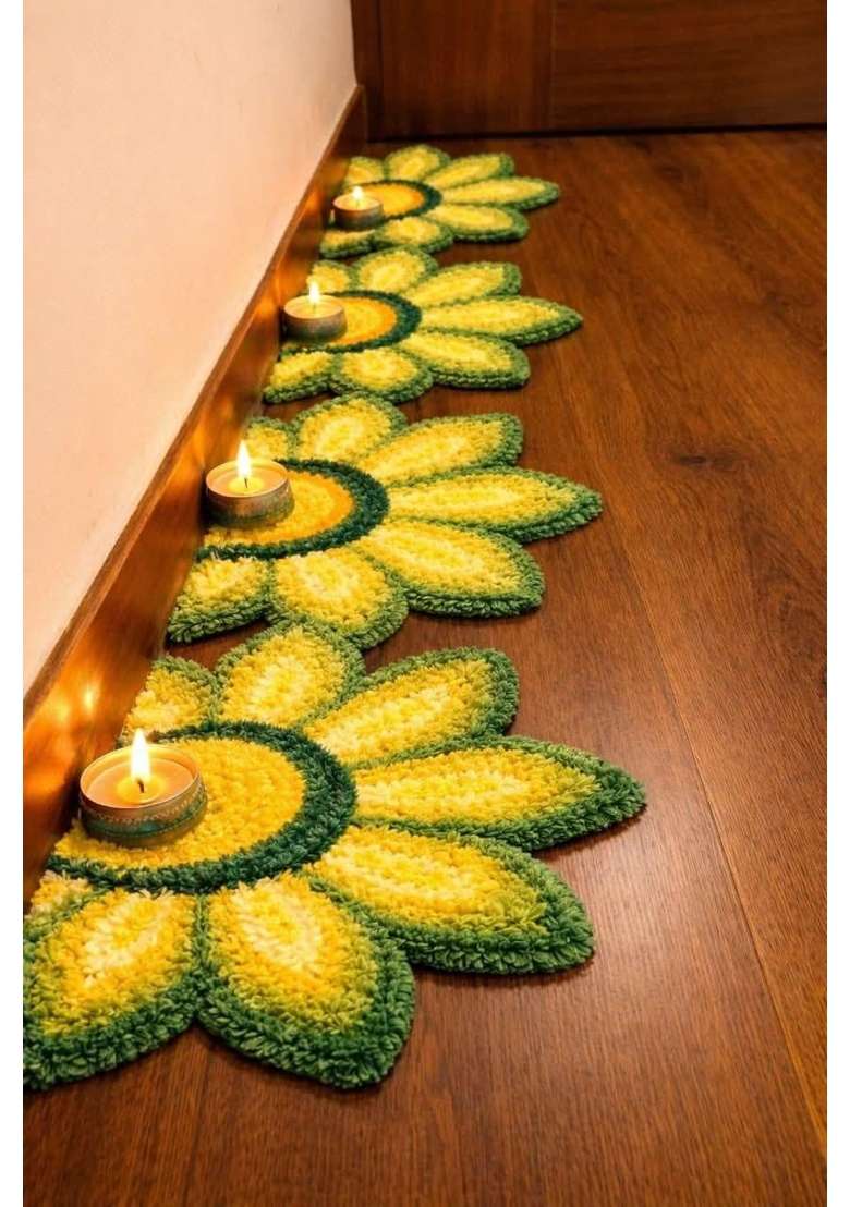 Gurukrupa Shopee Woolen Fur Rangoli Mat Flower Shape Decorative Rangoli for Home Entrance Pooja Room Pack of 6 - Indya