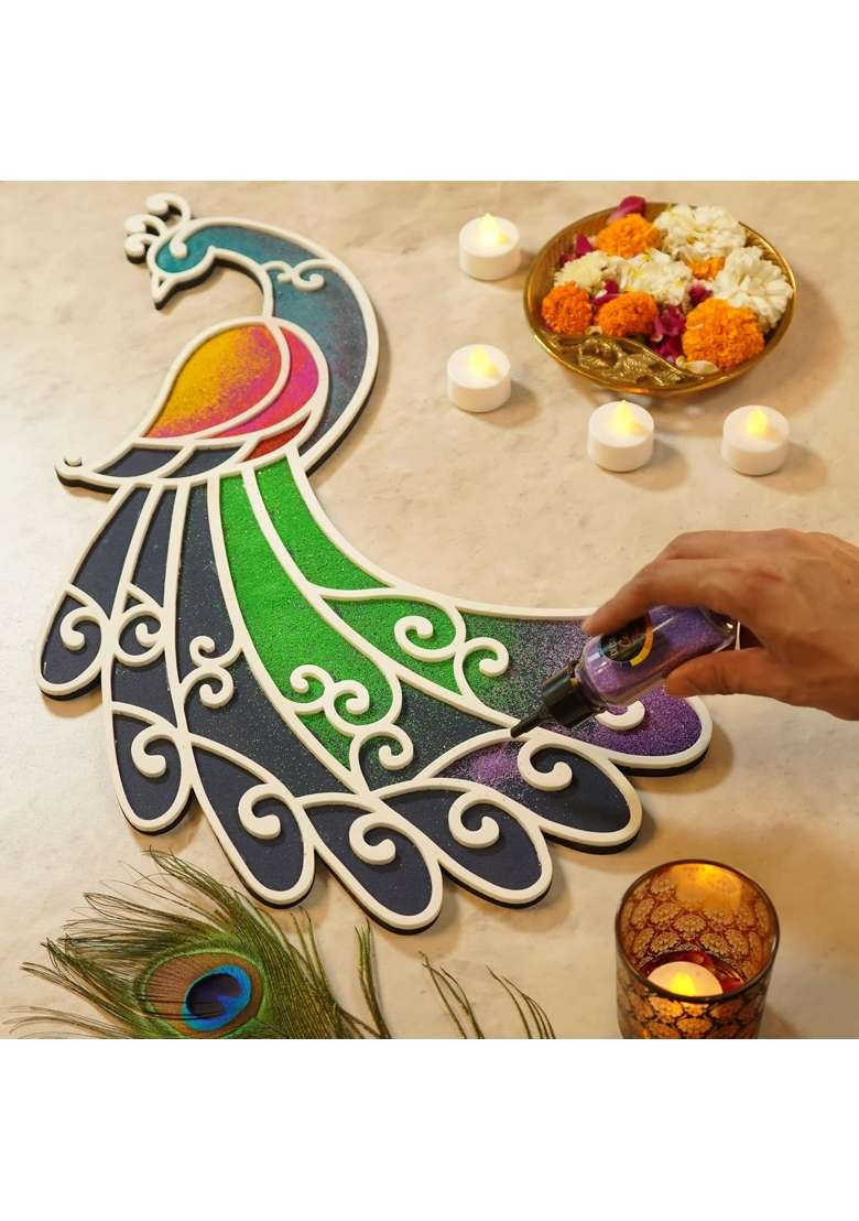 Multicolour Varn Rangoli Design Mayur Collection From Island Rangoli Peacock Rangoli Template for Home Decor - Indya