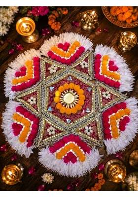 VRB Dec 1 Pcs Handmade Rajwadi Royal Traditional Rangoli Artificial Flower Mat Rangoli Mats for Floor