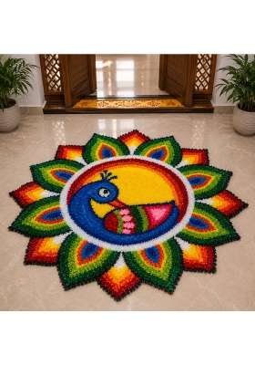 Klassie Stores Multicolour Handmade Quick Decor 24x24 Inch Peacock Rangoli Mat Reusable Festive Decor