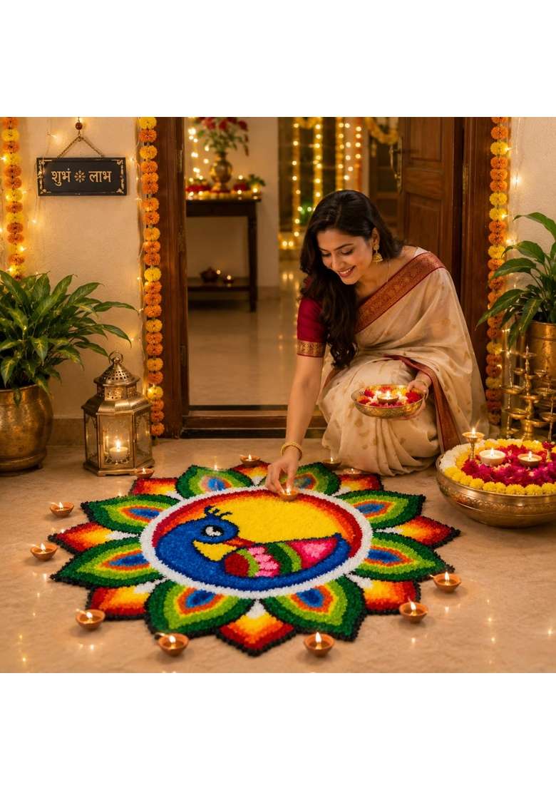 Klassie Stores Multicolour Handmade Quick Decor 24x24 Inch Peacock Rangoli Mat Reusable Festive Decor - Indya