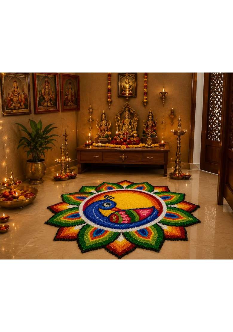 Klassie Stores Multicolour Handmade Quick Decor 24x24 Inch Peacock Rangoli Mat Reusable Festive Decor - Indya