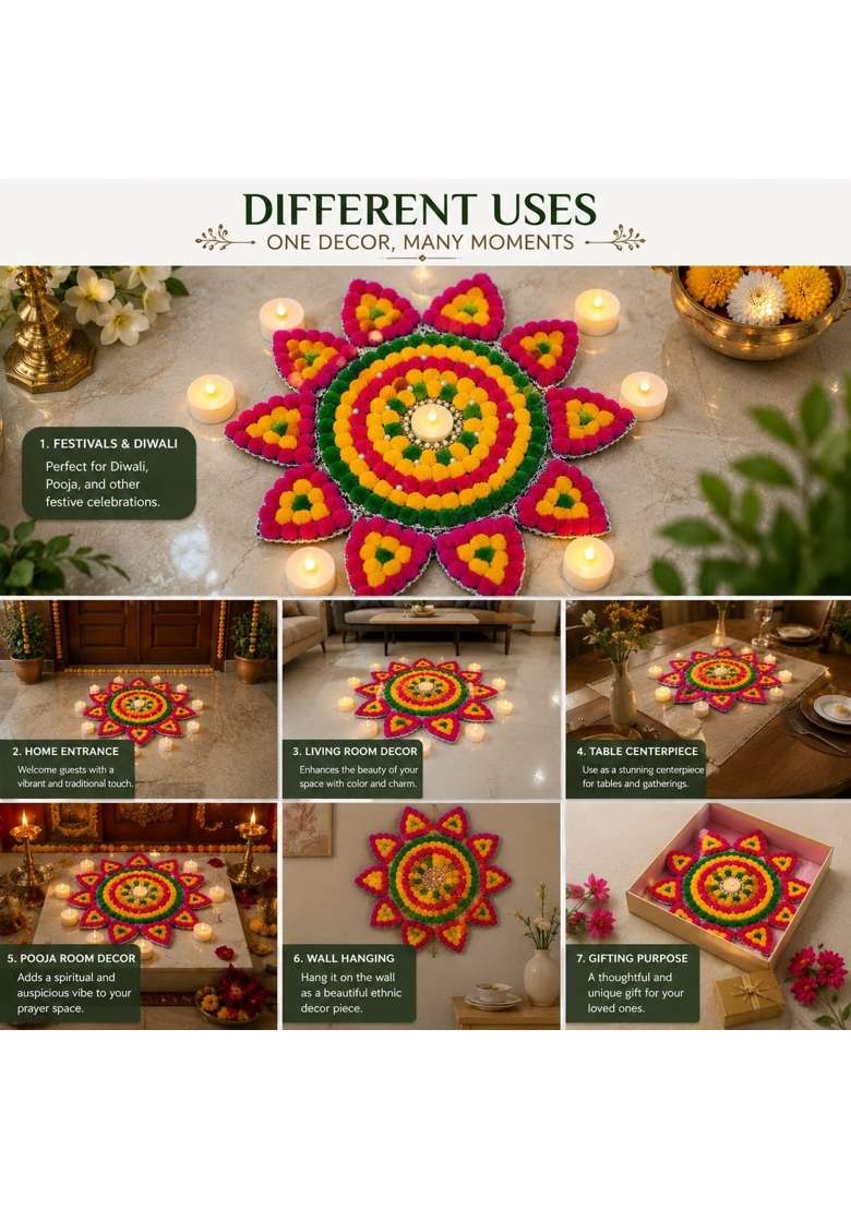 VRB Dec 1 Pcs Handmade Rajwadi Royal Traditional Rangoli Artificial Flower Mat Rangoli Mats for Floor - Indya