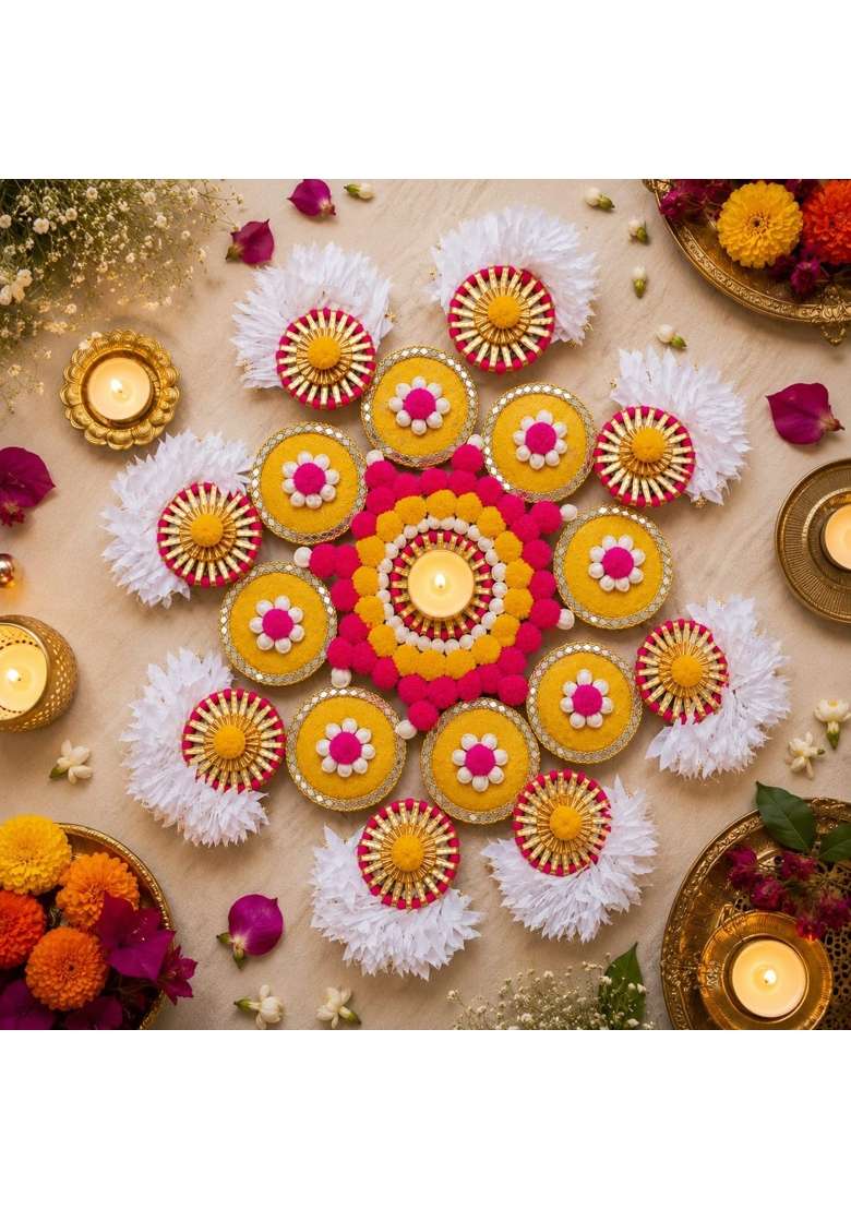 VRB Dec 1 Pcs Handmade Rajwadi Royal Traditional Rangoli Artificial Flower Mat Rangoli Mats for Floor - Indya