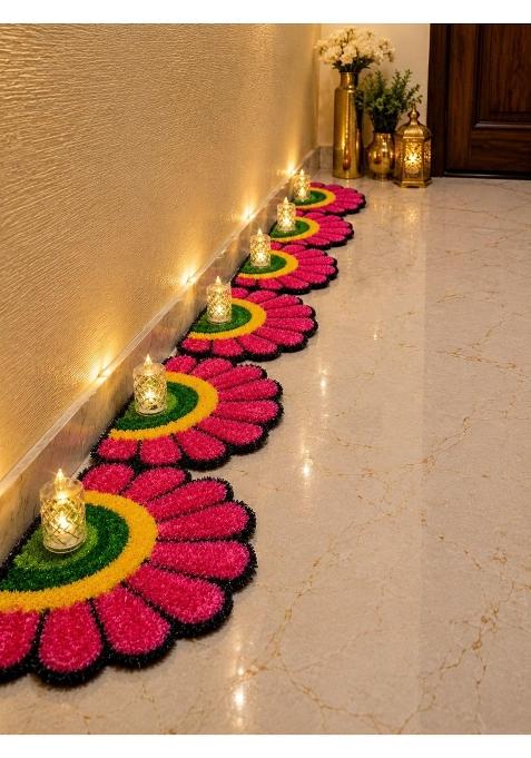 Gurukrupa Shoppy Pink Artificial Grass Rangoli Mat Set for Diwali Decoration Pack of 6