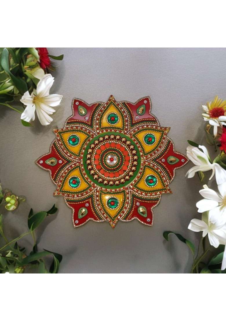 Ikreation Acrylic Flower Shape Rangoli Pack Red and Yellow 23 CM X 23 CM Set of 13 - Indya