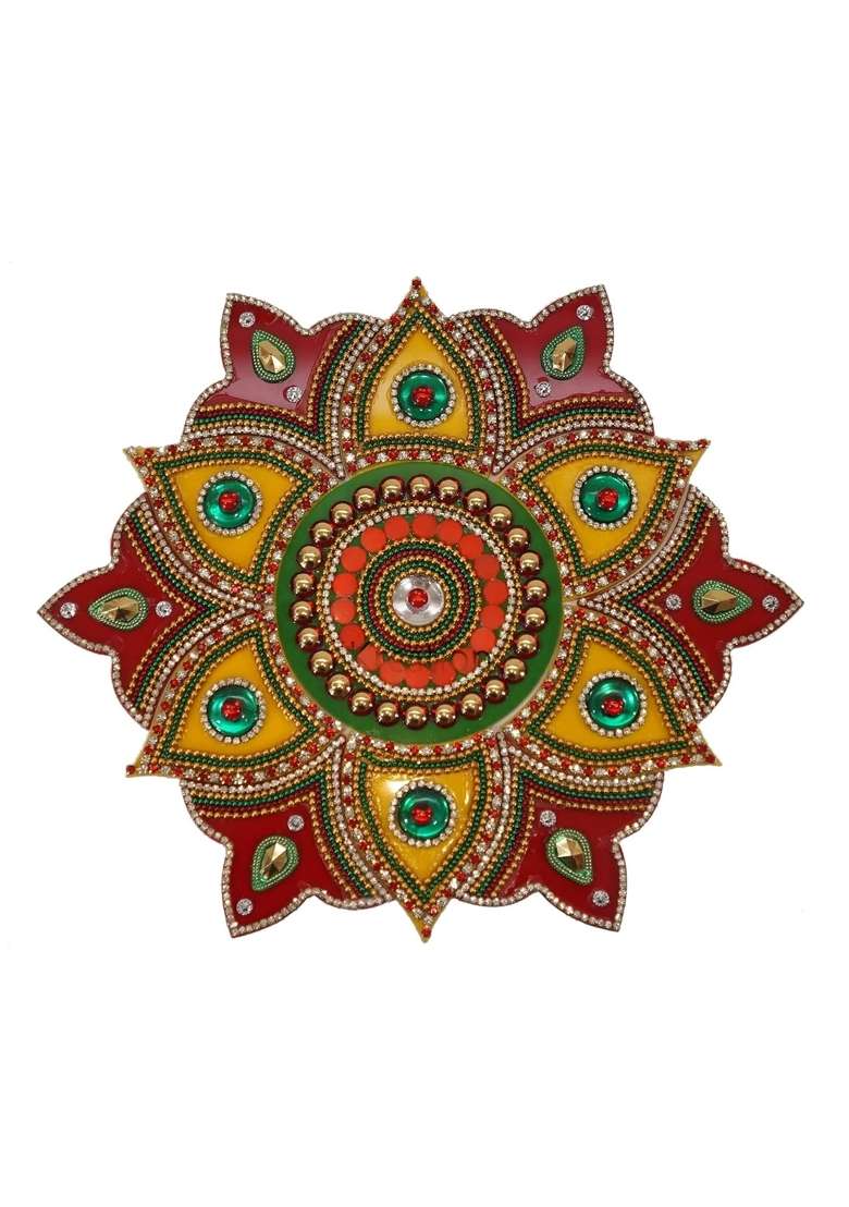 Ikreation Acrylic Flower Shape Rangoli Pack Red and Yellow 23 CM X 23 CM Set of 13 - Indya