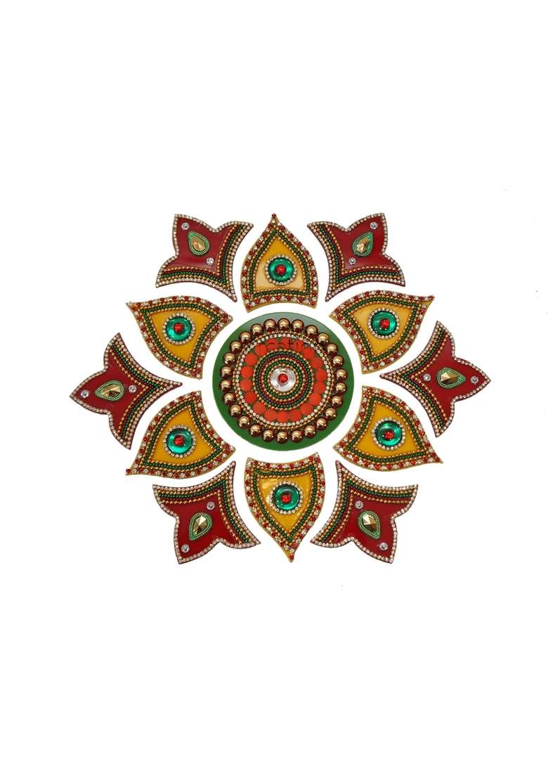 Ikreation Acrylic Flower Shape Rangoli Pack Red and Yellow 23 CM X 23 CM Set of 13 - Indya