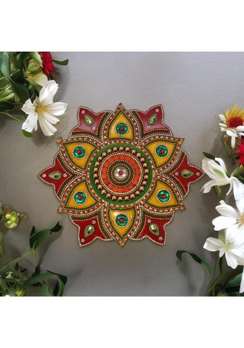 Ikreation Acrylic Flower Shape Rangoli Pack Red and Yellow 23 CM X 23 CM Set of 13