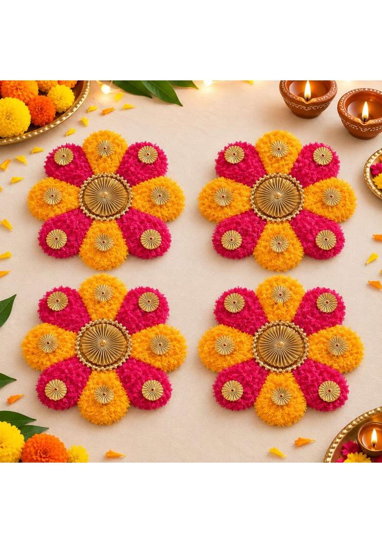 The Brown Box Fur Wool Rangoli Mats 25 CM Pink Yellow Flower Readymade Rangoli for Floor Set of 4 - Indya