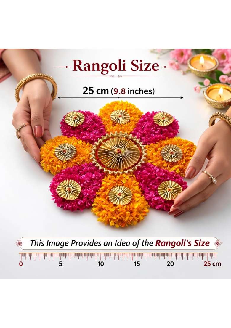 The Brown Box Fur Wool Rangoli Mats 25 CM Pink Yellow Flower Readymade Rangoli for Floor Set of 4 - Indya