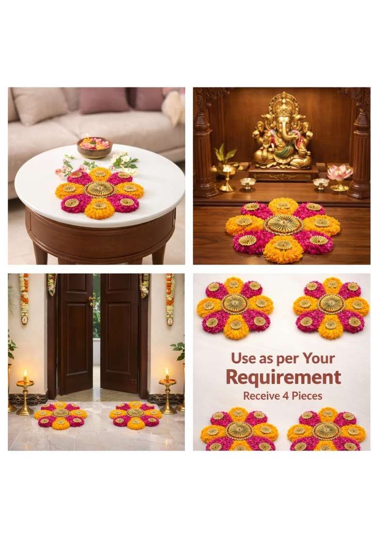 The Brown Box Fur Wool Rangoli Mats 25 CM Pink Yellow Flower Readymade Rangoli for Floor Set of 4 - Indya