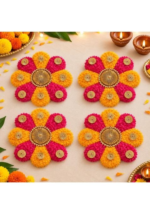 The Brown Box Fur Wool Rangoli Mats 25 CM Pink Yellow Flower Readymade Rangoli for Floor Set of 4