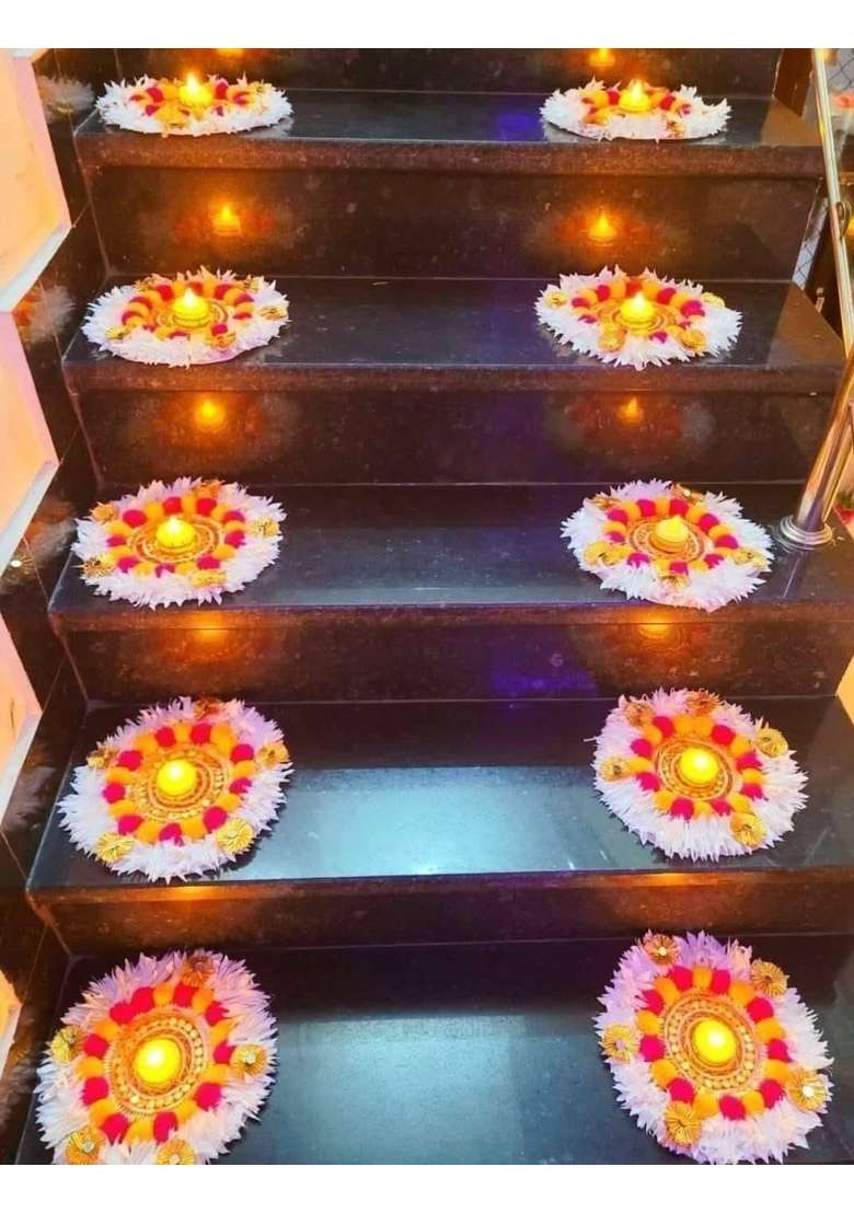 Sanvatsar Traditional Floral Floor Rangoli Decorations White and Pink Spiral Staircase Display Set 20 - Indya