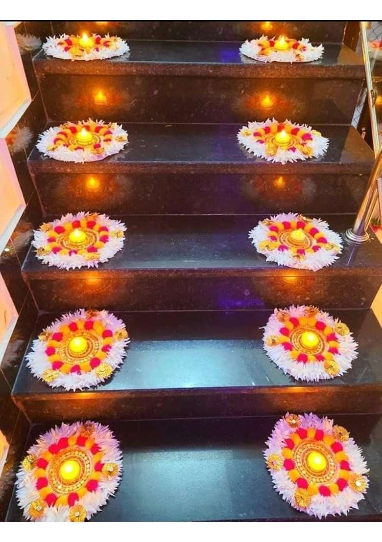 Sanvatsar Traditional Floral Floor Rangoli Decorations White and Pink Spiral Staircase Display Set 20 - Indya