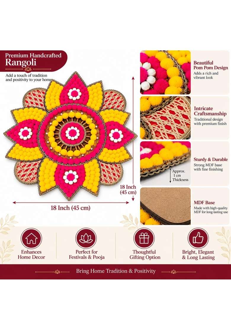 Multicolour Handcrafted Pom Rangoli for Diwali and Festival Floor Decor 18 Inch 18 Inch Pom Pomrangoli - Indya