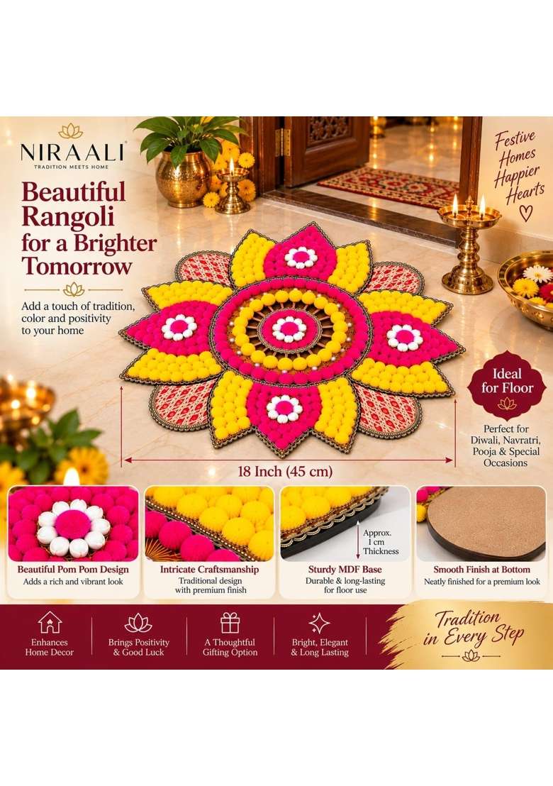 Multicolour Handcrafted Pom Rangoli for Diwali and Festival Floor Decor 18 Inch 18 Inch Pom Pomrangoli - Indya
