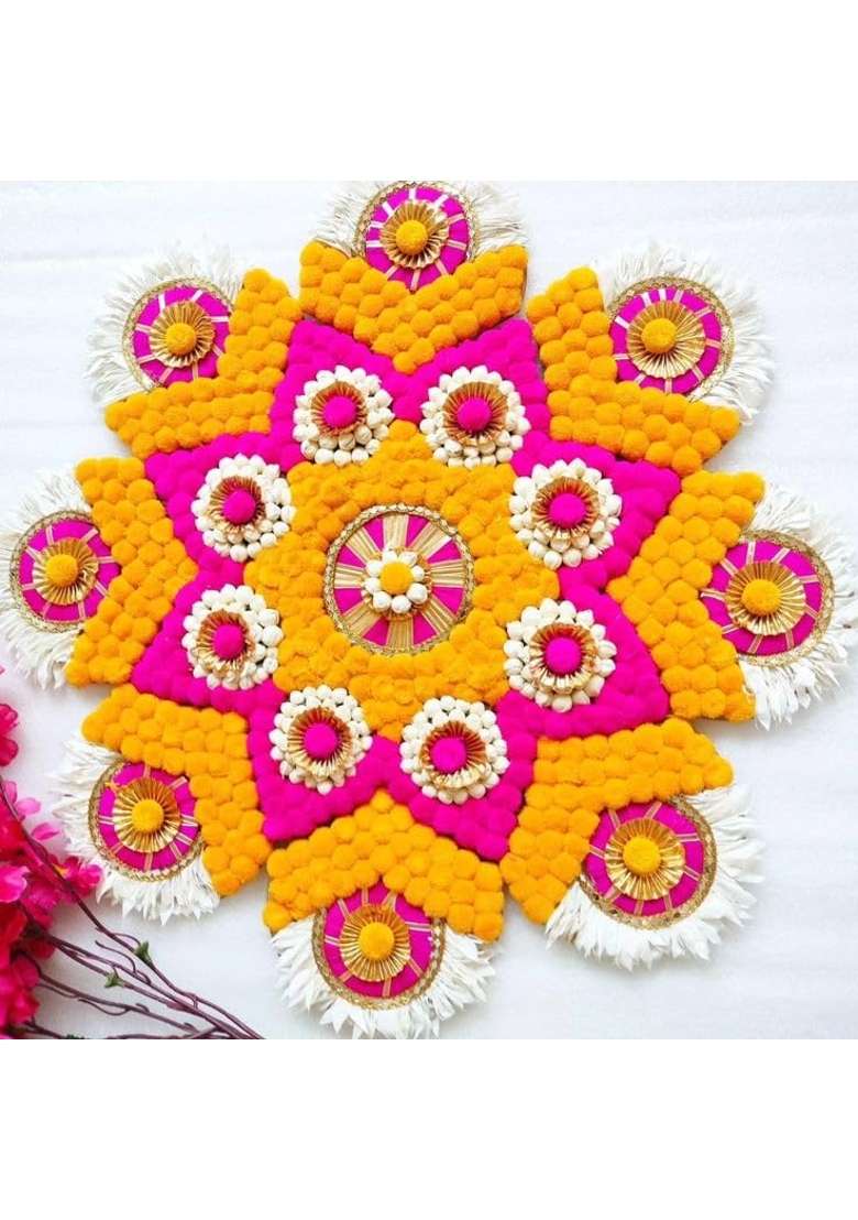 Decorative Rangoli Floor Art Pink and Yellow Marigold Design Traditional Indian Festival Decor - Indya