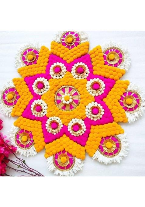 Decorative Rangoli Floor Art Pink and Yellow Marigold Design Traditional Indian Festival Decor