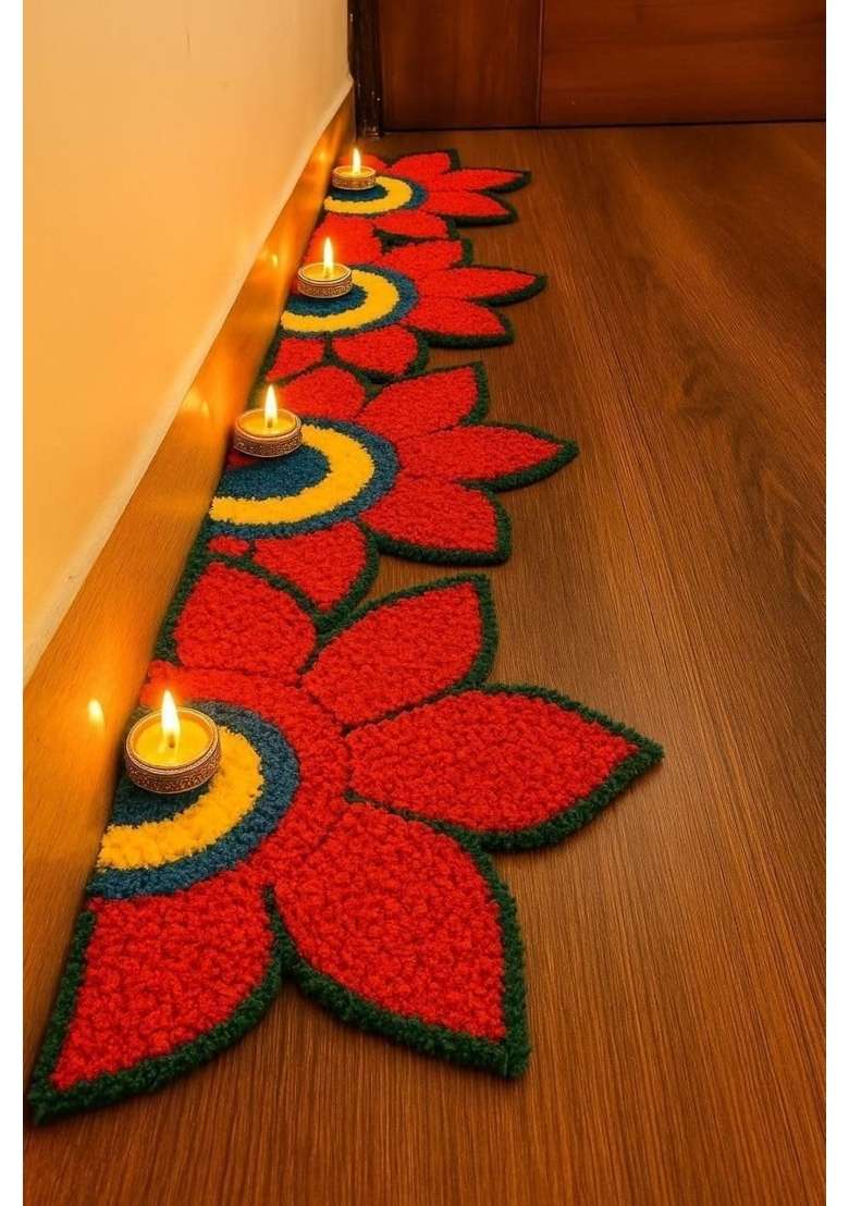 Flower Rangoli Mat for Diwali Decoration Long Door Entrance Rangoli Mat Reusable Floral Floor Pack of 6 - Indya