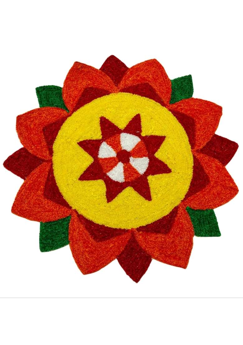 Multicolour Readymade Rangoli Mat for Festivals 2Ft X 2Ft Wool Front Canvas Back Lightweight Foldable Design - Indya