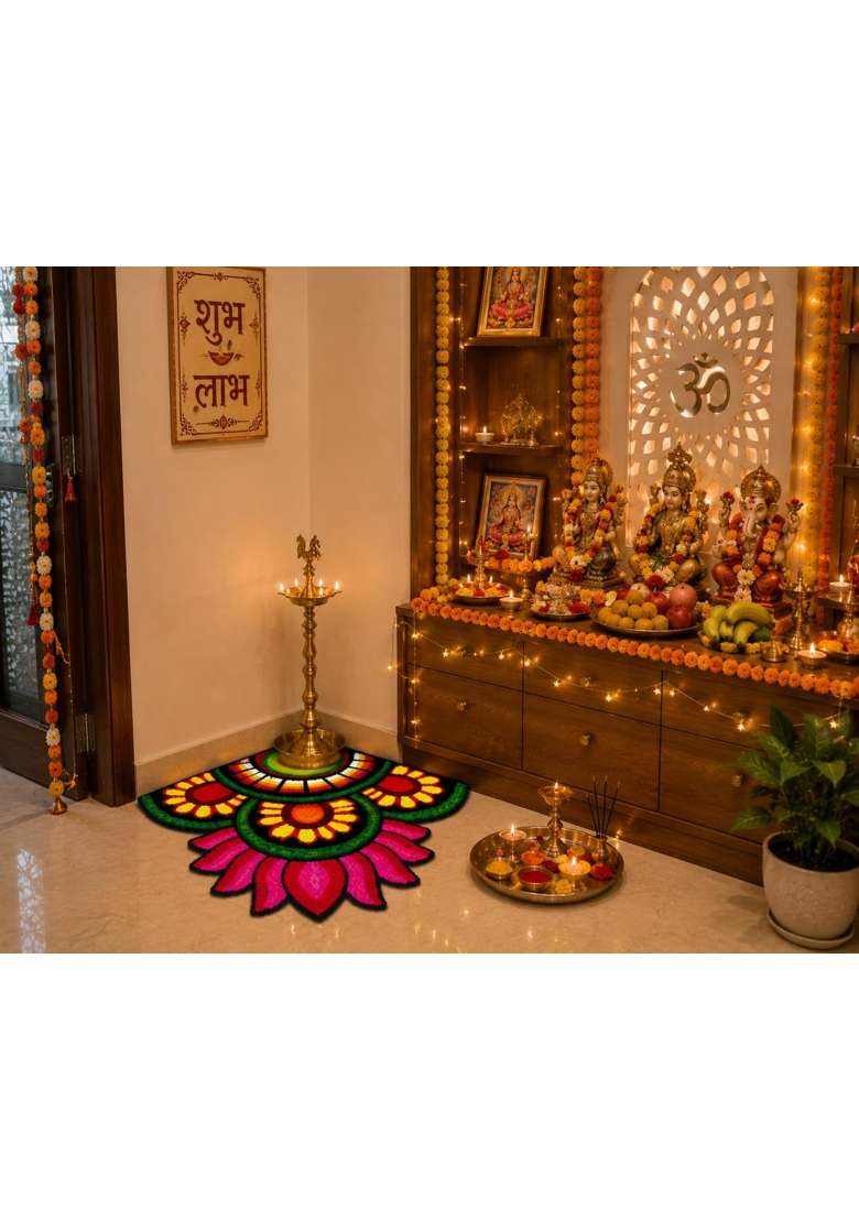 Klassie Stores Multicolour Handmade Quick Decor 24x24 Inch Corner Rangoli Mat Reusable Festive Decor - Indya