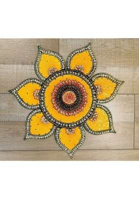 Mishita Collections Yellow Wooden Handcrafted Decorative Rangoli Set with Kundan Work for Diwali
