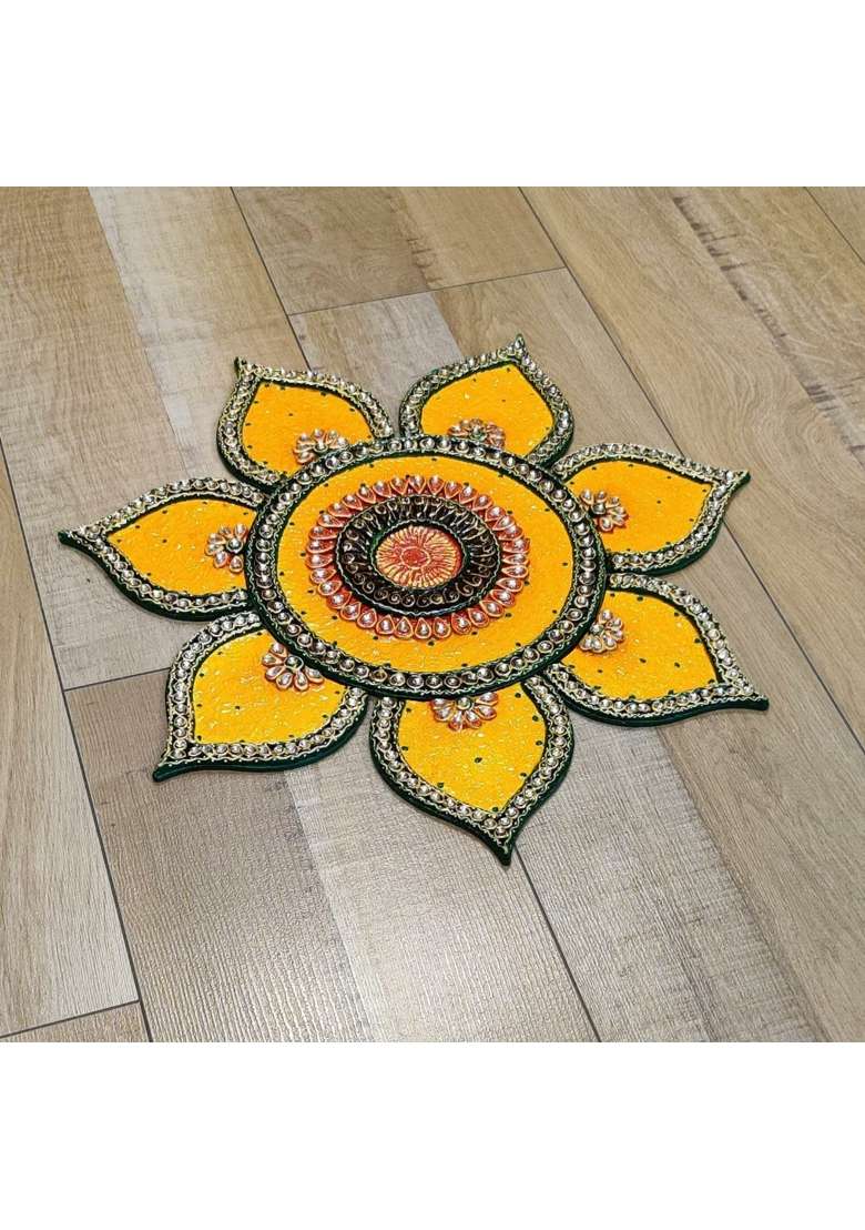 Mishita Collections Yellow Wooden Handcrafted Decorative Rangoli Set with Kundan Work for Diwali - Indya
