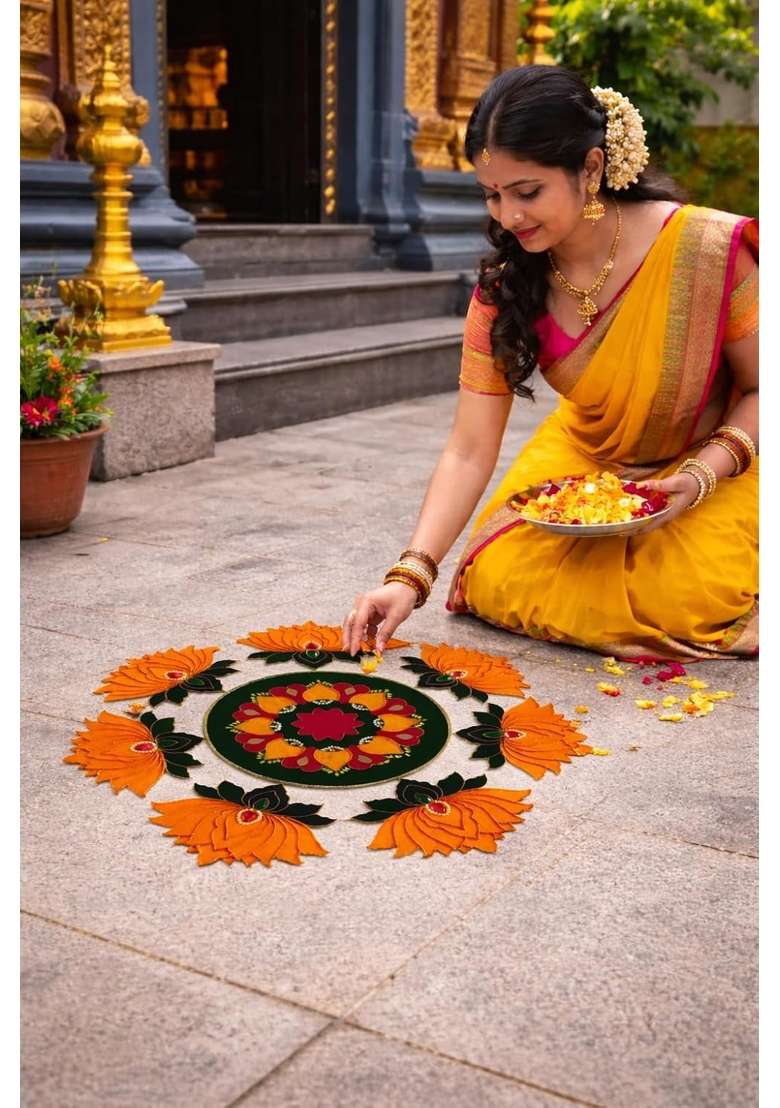 Daedal Crafters Rangoli for Diwali Decoration Golden Yellow and Green Ready Made Rangoli Patch - Indya