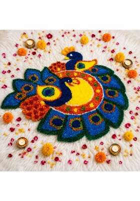 Klassie Stores Multicolour Handmade Quick Decor 24x24 Inch Peacock Rangoli Mat Reusable Festive Decor